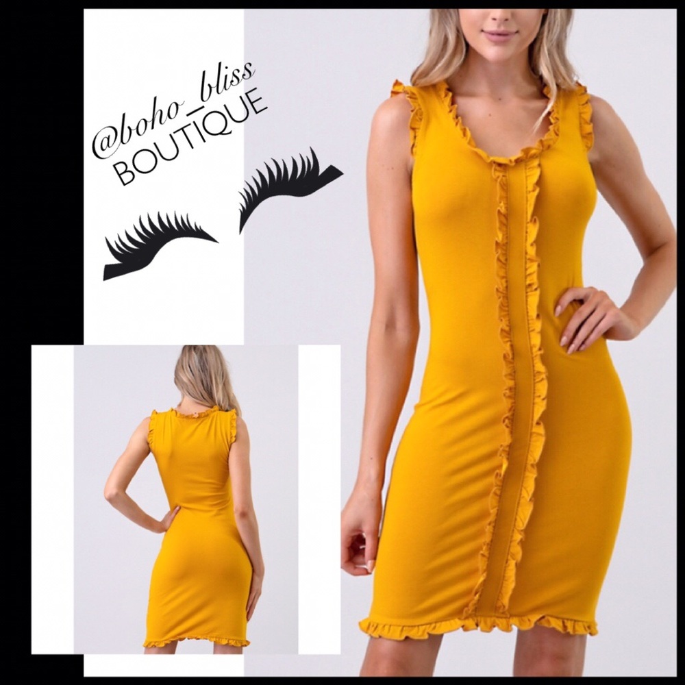 Mustard Yellow Ruffle Stretch Mini Dress NWT - Picture 4 of 4